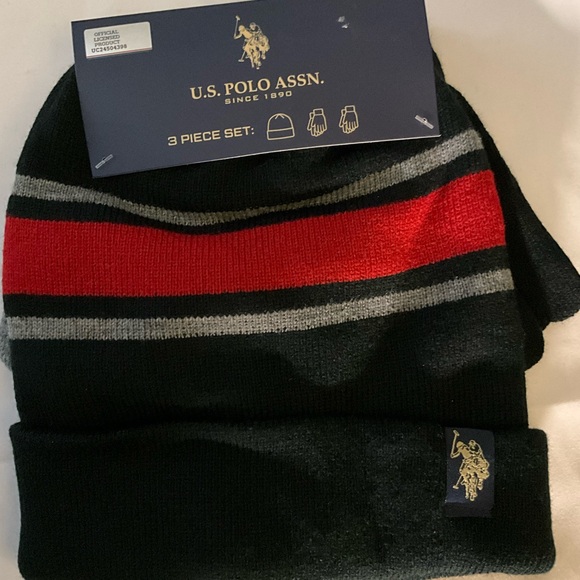 U.S. Polo Assn. Black and Red Men's Beanie Set - Picture 2 of 4